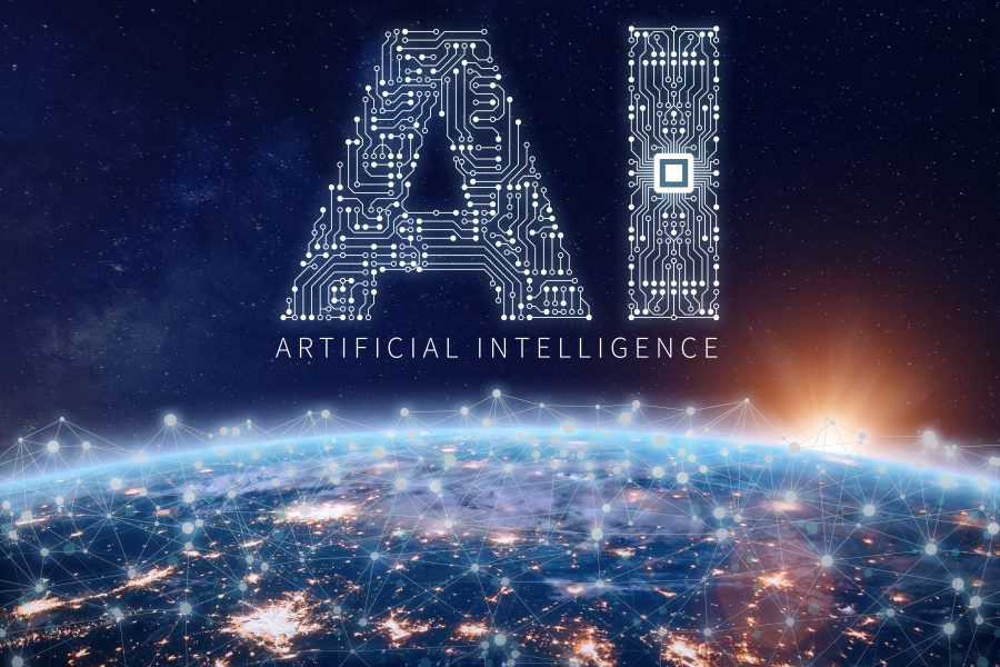 AI text designed as a computer chip floating on top of earth during night time with connected dots